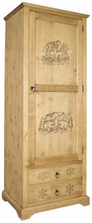 Armoire bois sculpté 2 portes 2 tiroirs - Esprit Chalet